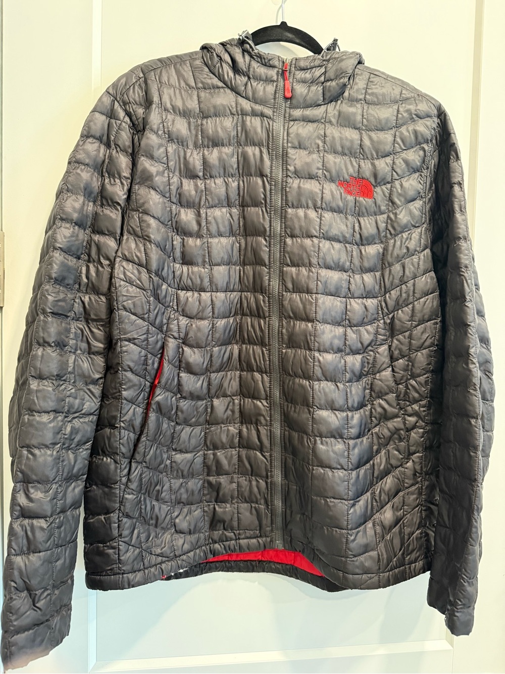 The North Face Men's Black ThermoBall Quilted Insulated Puffer with Red Accents